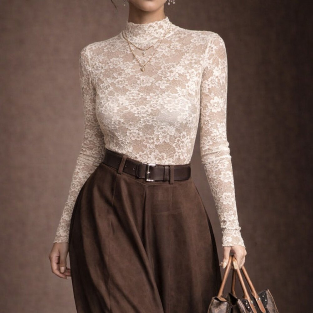 NWT Lace Cream Mock Neck Blouse Top